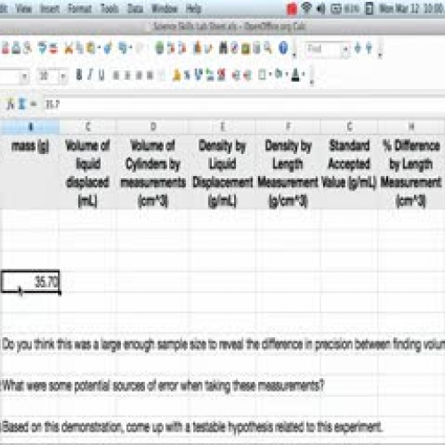 Chemistry Lab 1 Spreadsheet Instruction