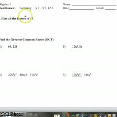 Algebra Test Review 9.1-9.5,12.5 #1-11