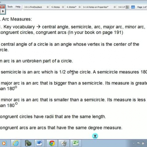 Notes on Arcs and Central Angles