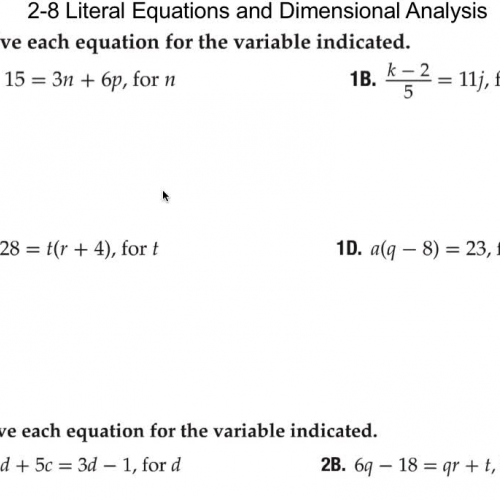 2-8 Literal Equations and Dimensional Analysi