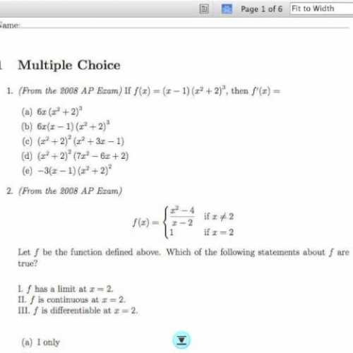 Calculus AB Unit 3 Mini Exam Page 1