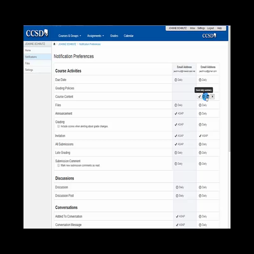 Canvas - Profile Settings - Personalize your Notifications