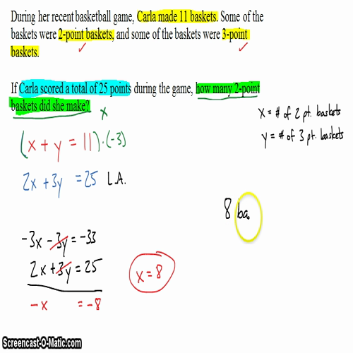 Algebra I @ Harrison: Problem Solving with Systems, Example 2 (Basketball)