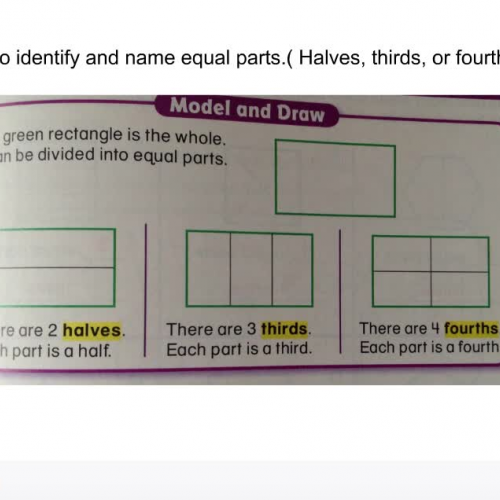 First Grade - Lessons 11.7 and 11.8 Identifying and Naming Equal Parts (Halves, Thirds, and Fourths)