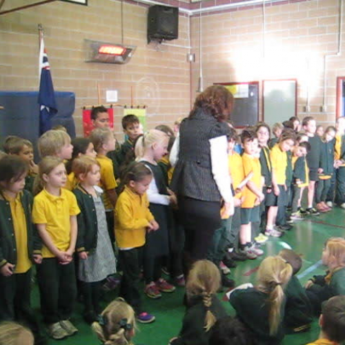 Upwey South PS Level 1 and 2 Students singing 'The Bounce Back Song'.