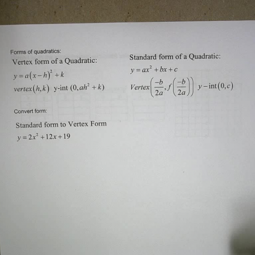 Quadratic Vertex Form and Transformation Ex 2