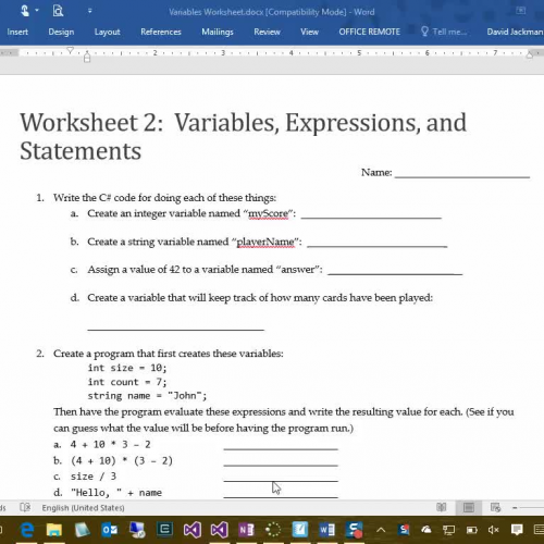 Variables Worksheet Help
