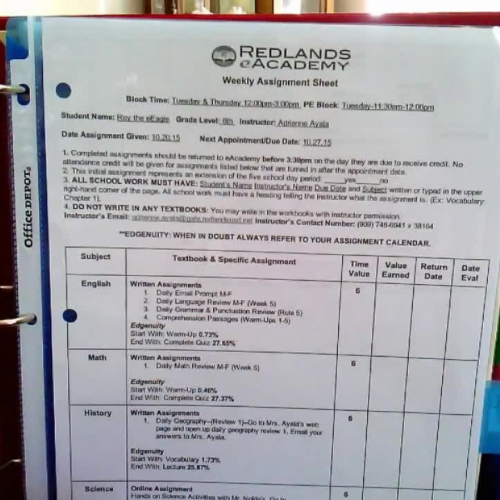 6th Grade eAcademy Binder Requirements