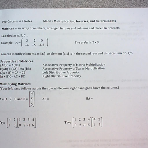 6-2 Notes Part 1:  Matrix Multiplication