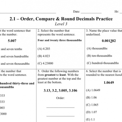 Order, Compare and Round Decimals Practice