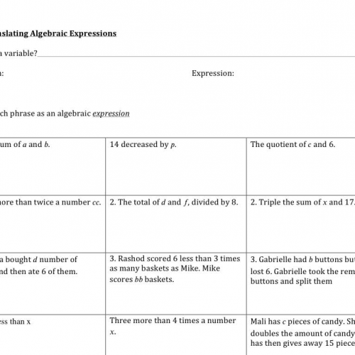 9.1 Translating Algebraic Expressions