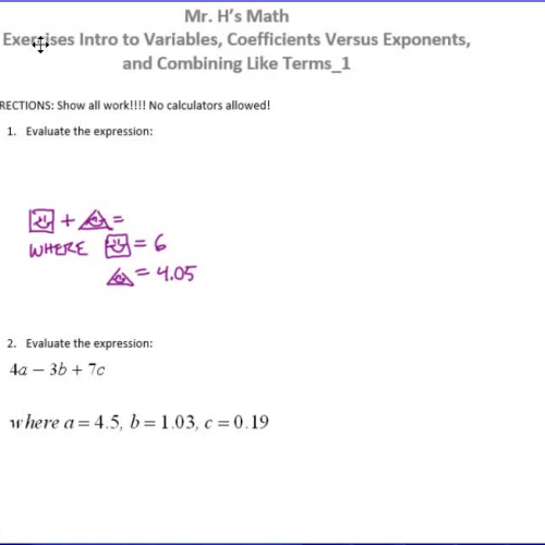 Exercises Intro to Variables, Coefficients Versus Exponents, and Combining Like Terms_1