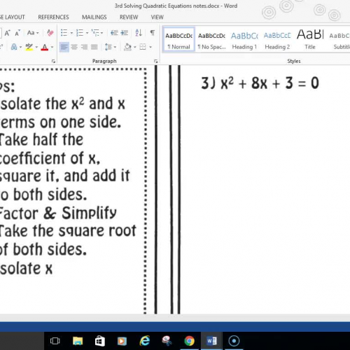 Alg 2 Solve Quadratic Equations by Completing the Square