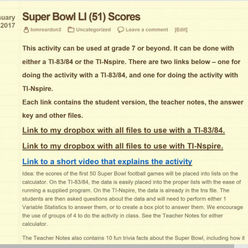 Super Bowl 51 Math Activity for Grades 7 - 12