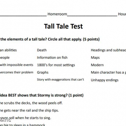 5th Reading Tall Tale Test