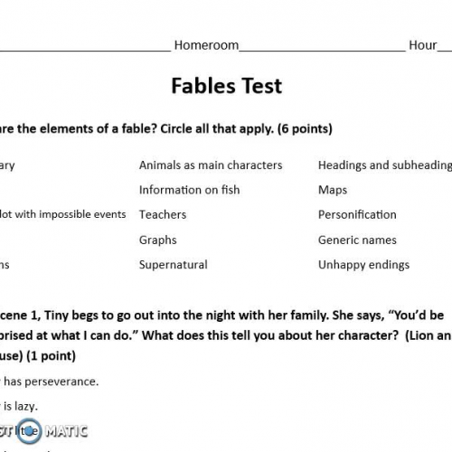 5th Grade Reading Fable Test