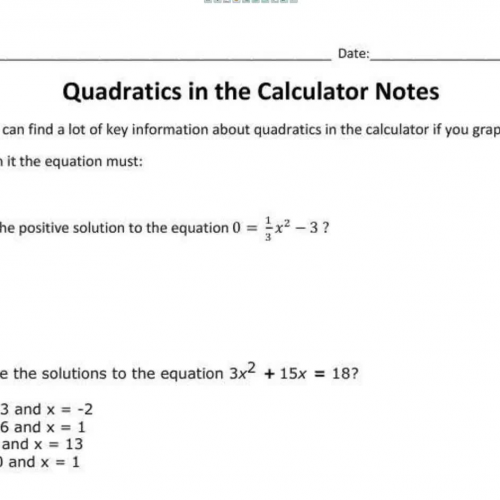 Quadratics in the Calculator SP Notes 2018