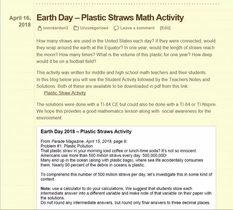 Earth Day Math Activity: 500 Million Plastic Straws a Day!