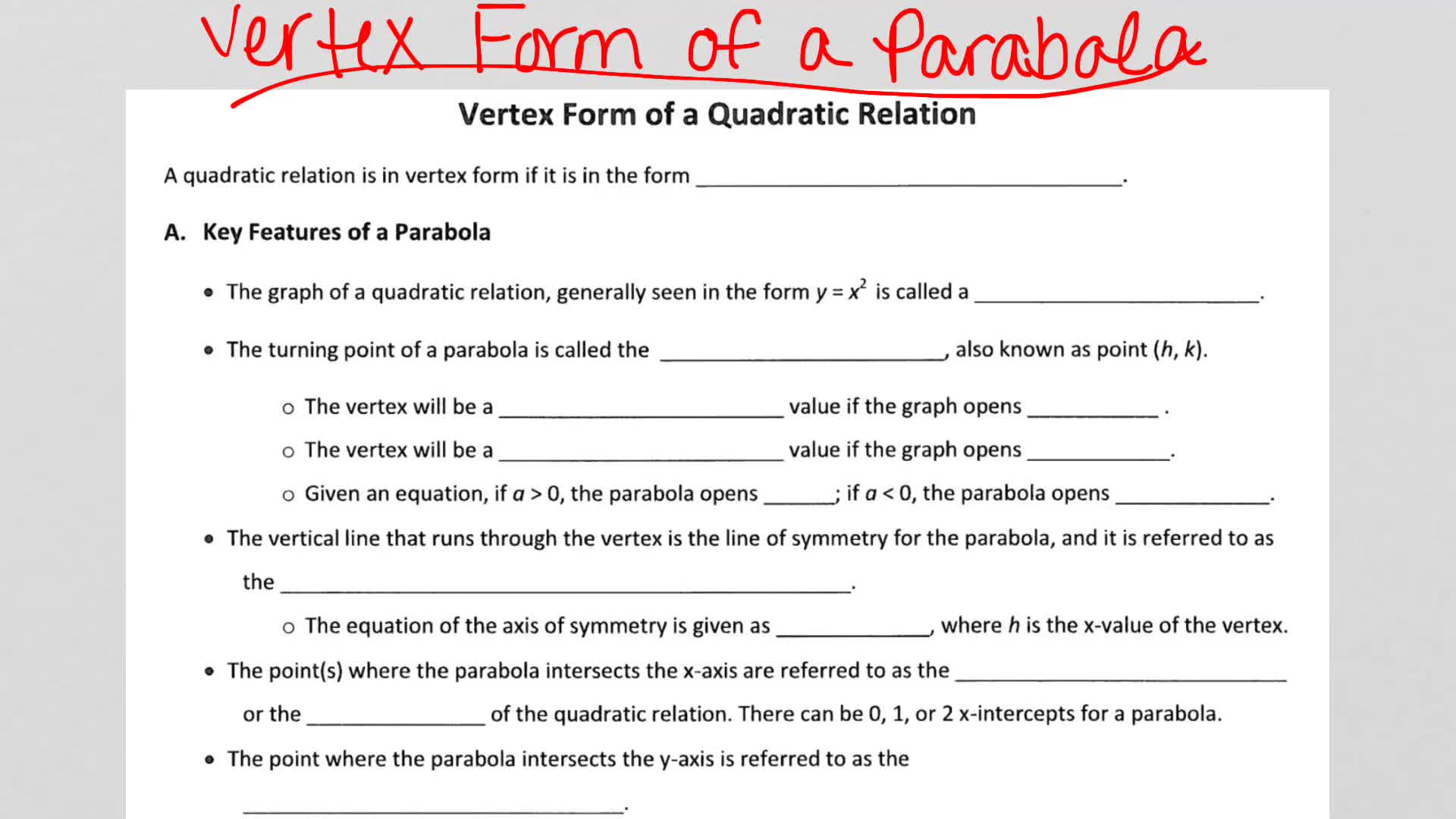 Vertex Form For Parabolas