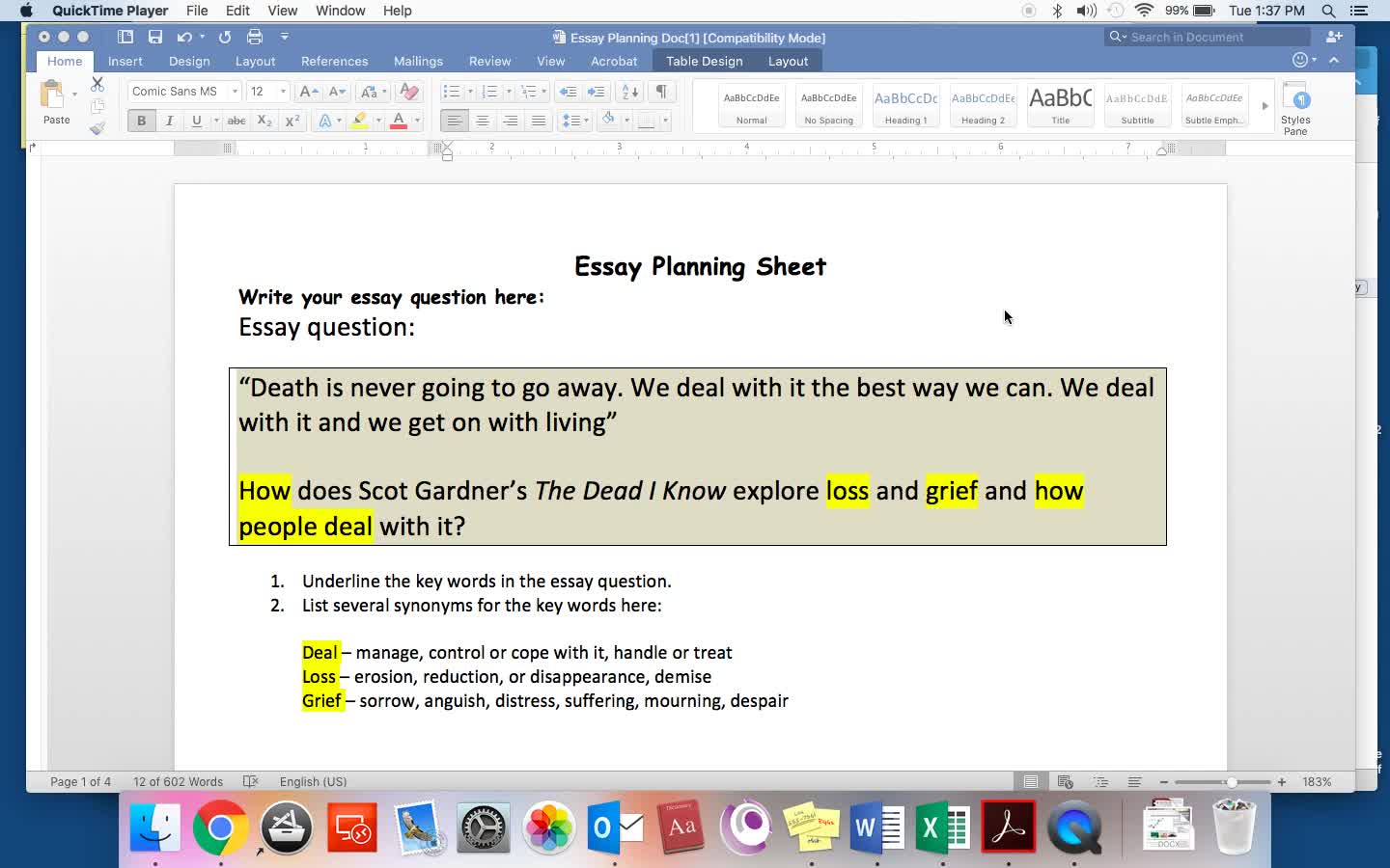 The Dead I Know essay planning