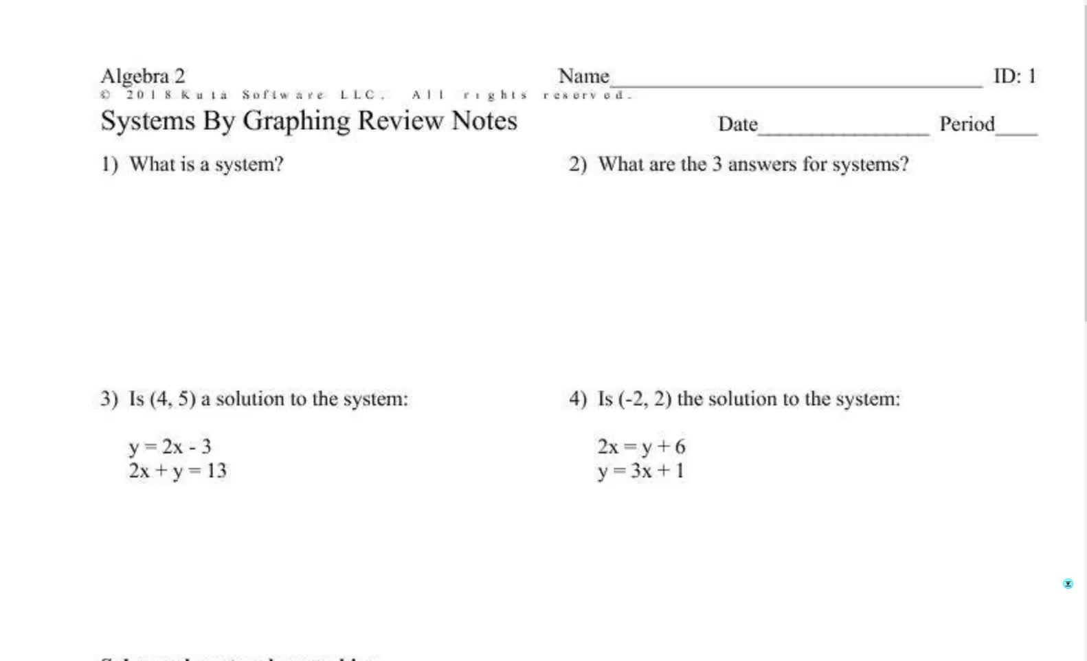 Algebra 1 Review of Systems by Graphing