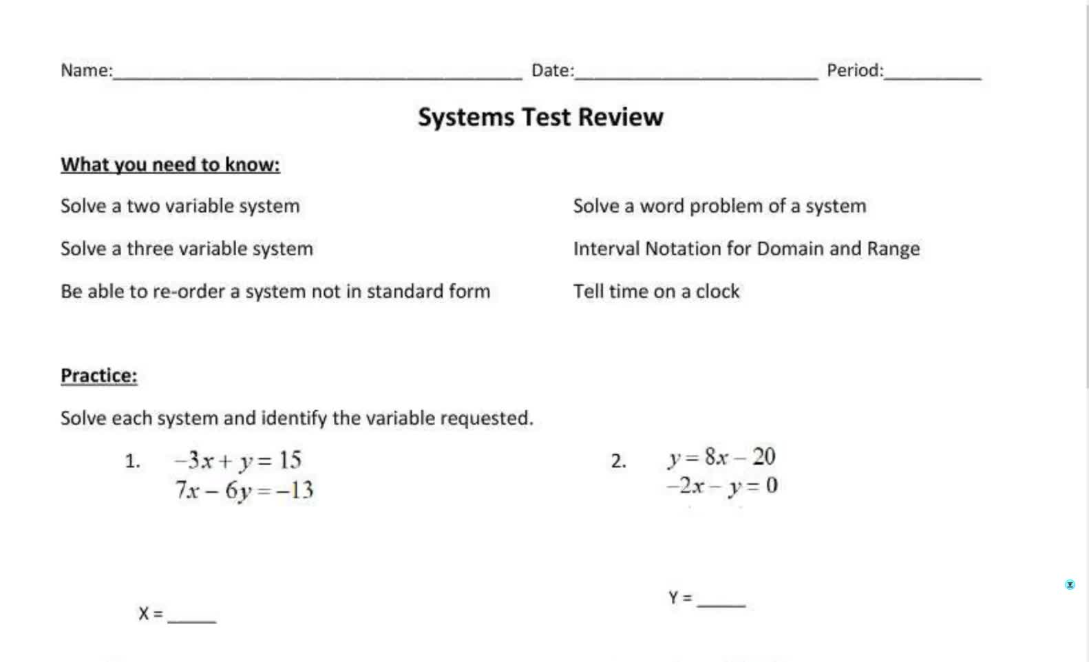 Senior Alg 2 Systems Test Review