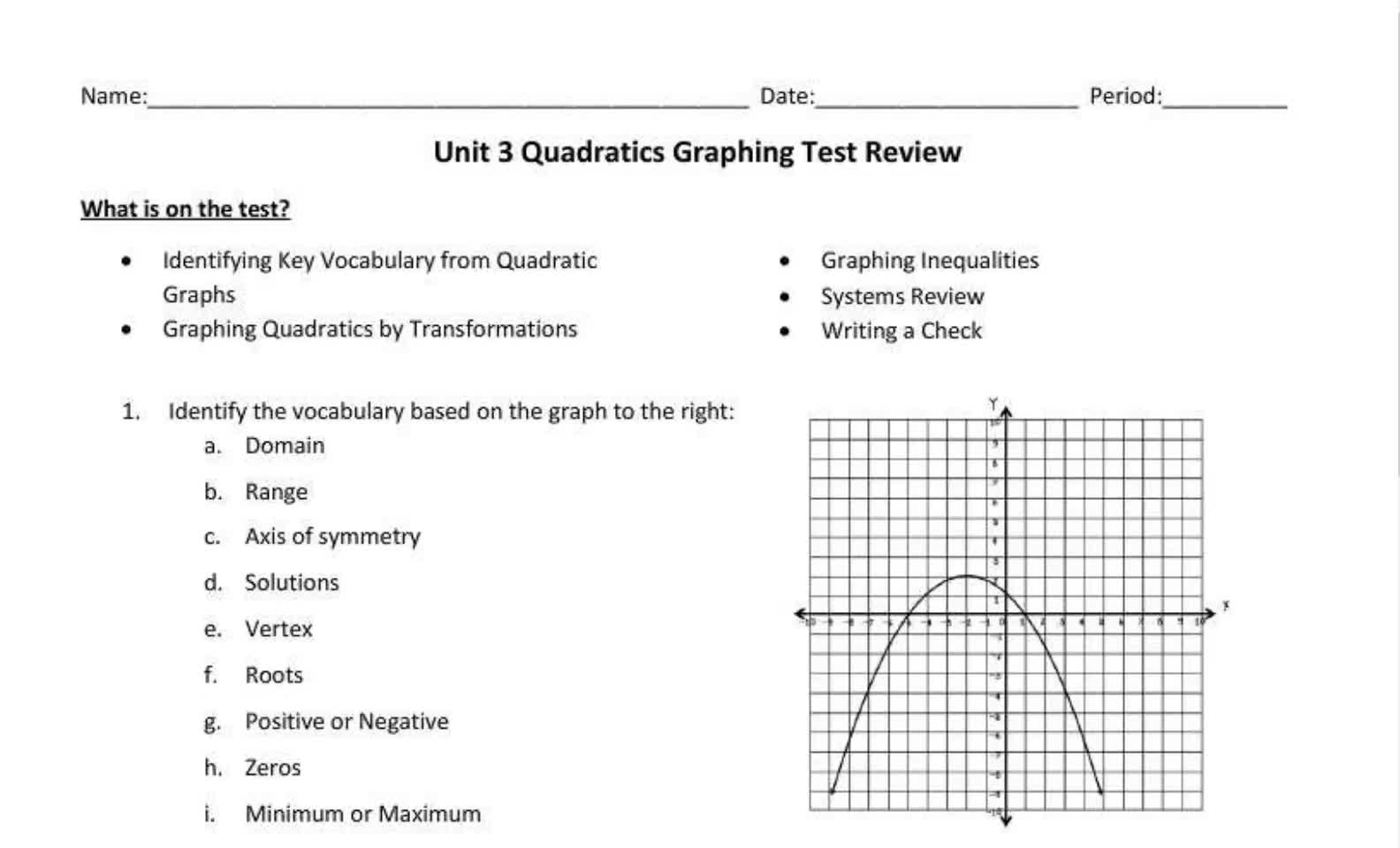 Senior Quadratics Graphing Test Review