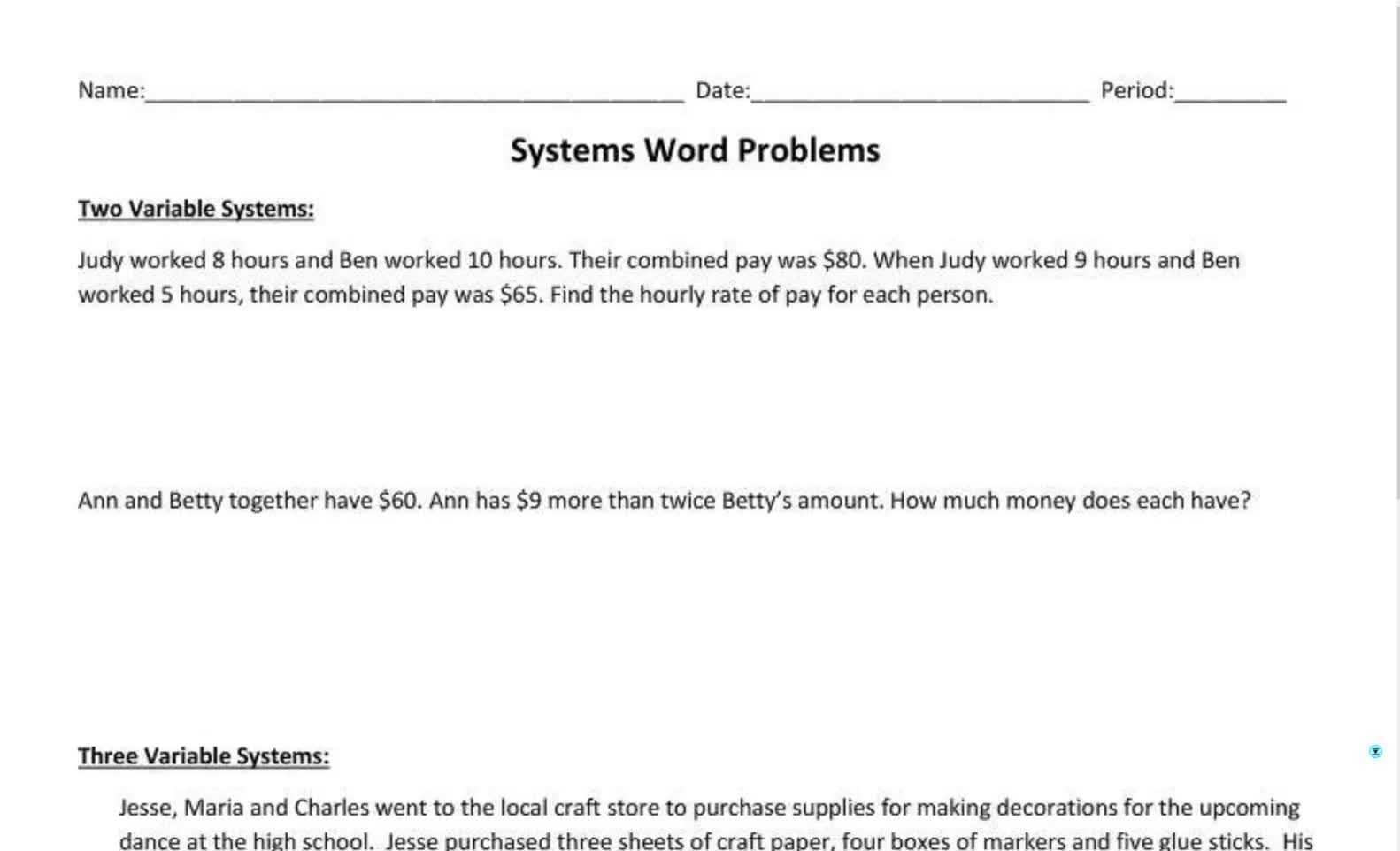 Senior Systems 3x3 Word Problems Notes