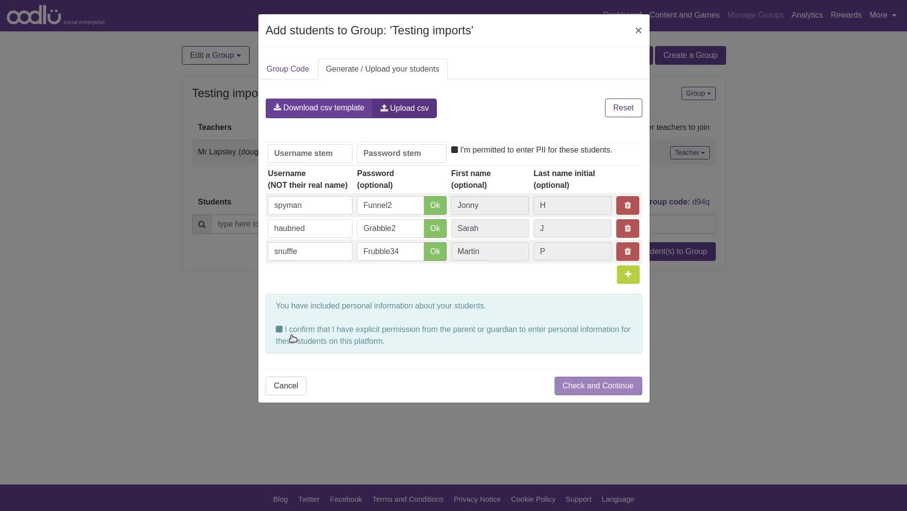 Importing / Generating lists of students