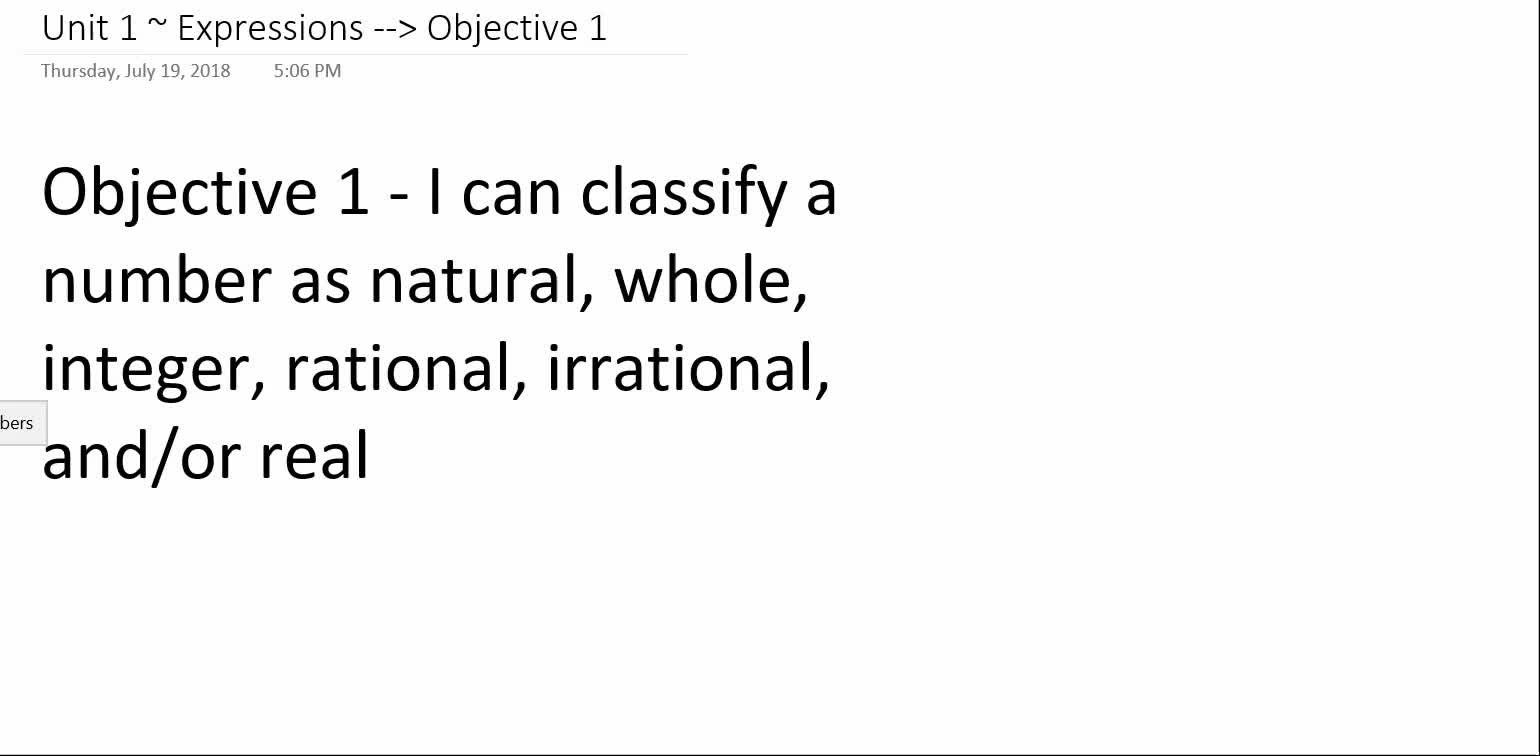 Algebra 1A ~ Unit 1 ~ Objective 1 (Classifying Reals)