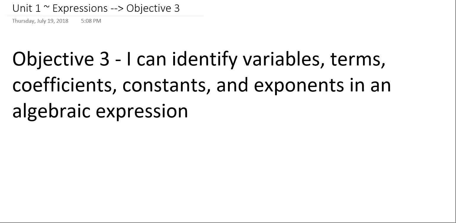 Algebra 1A ~ Unit 1 ~ Objective 3 (Define Parts of Expressions)