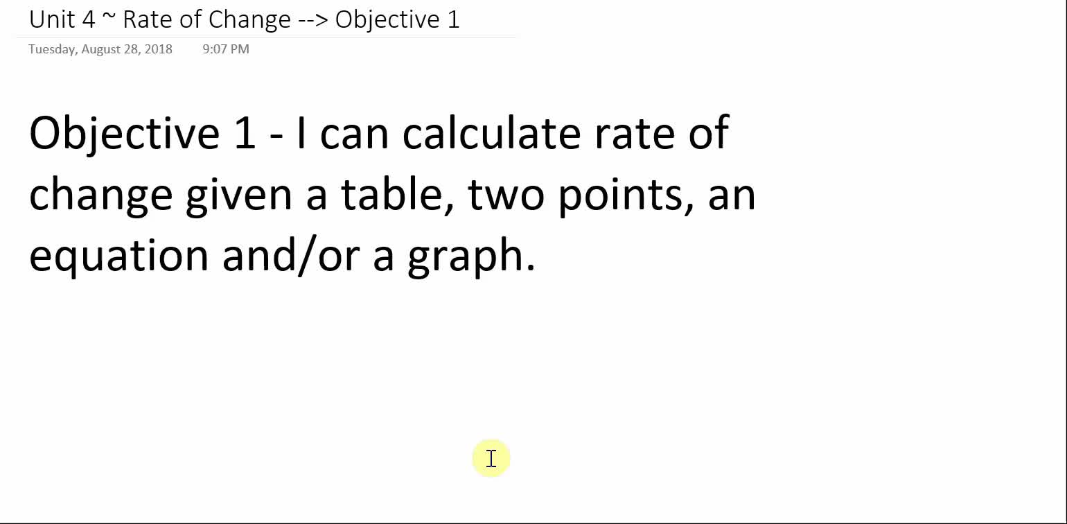 Algebra 1A ~ Unit 4 ~ Objective 1 (Calculate RoC or Slope)