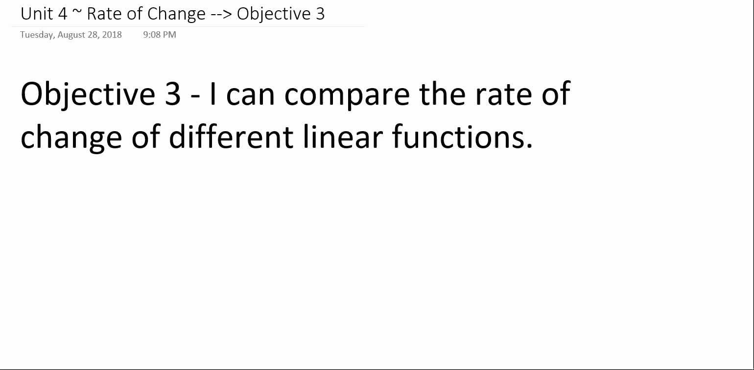 Algebra 1A ~ Unit 4 ~ Objective 3 (Comparing Rate of Change)