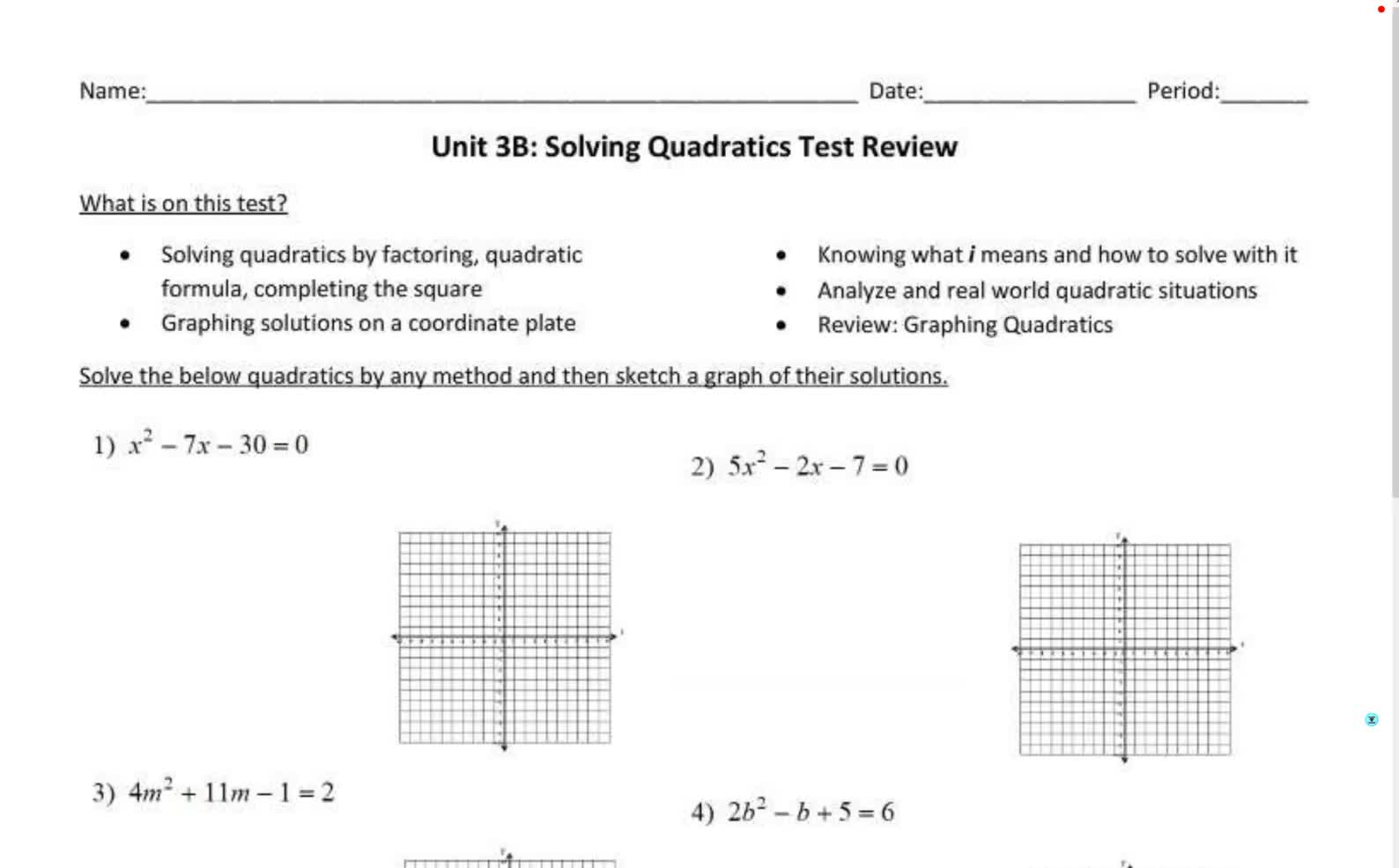 Senior Alg 2 Unit 3B Test Review