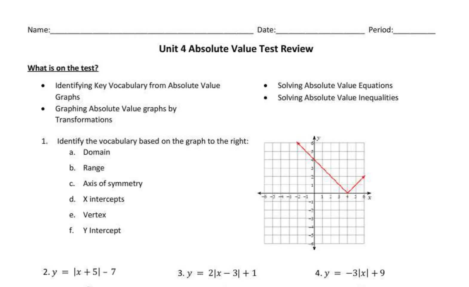 Senior Unit 4 Absolute Value Test Review