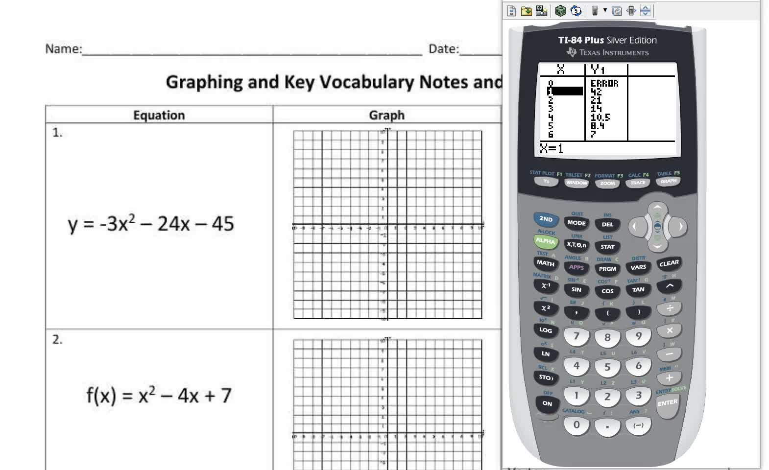 Graphing Quadratics in Calculator and Key Vocabulary