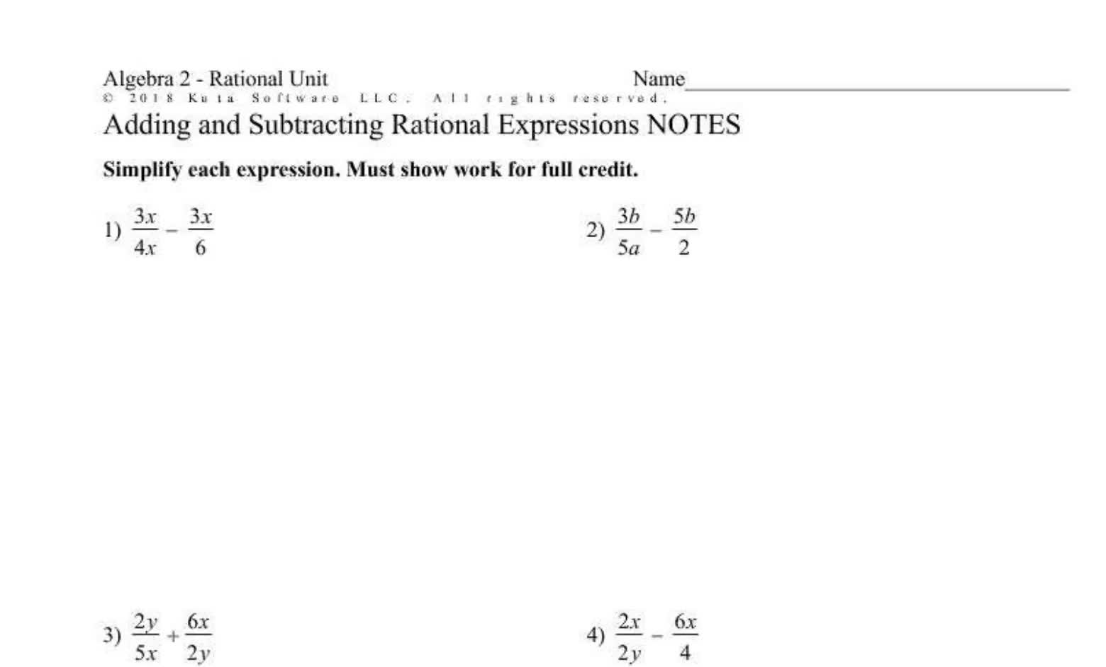 Add and Subtracting Rational Expressions (Seniors)