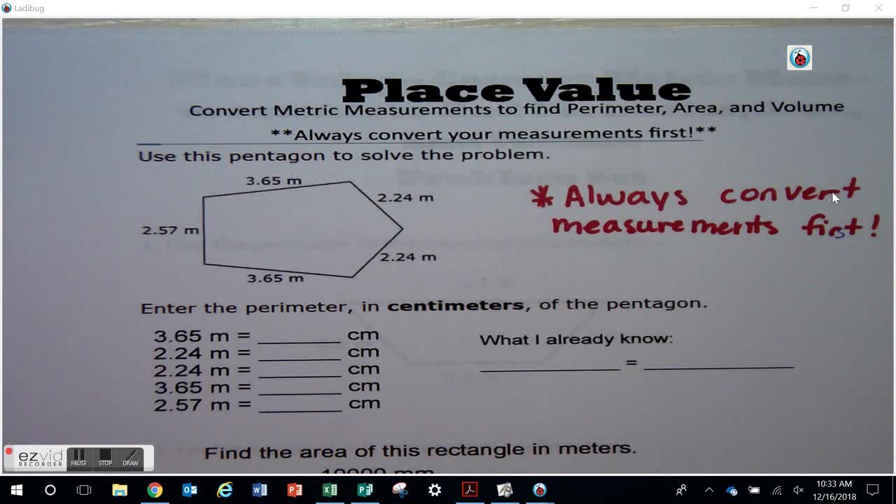 Convert Metric Measurements to find Perimeter, Area, and Volume Day 57