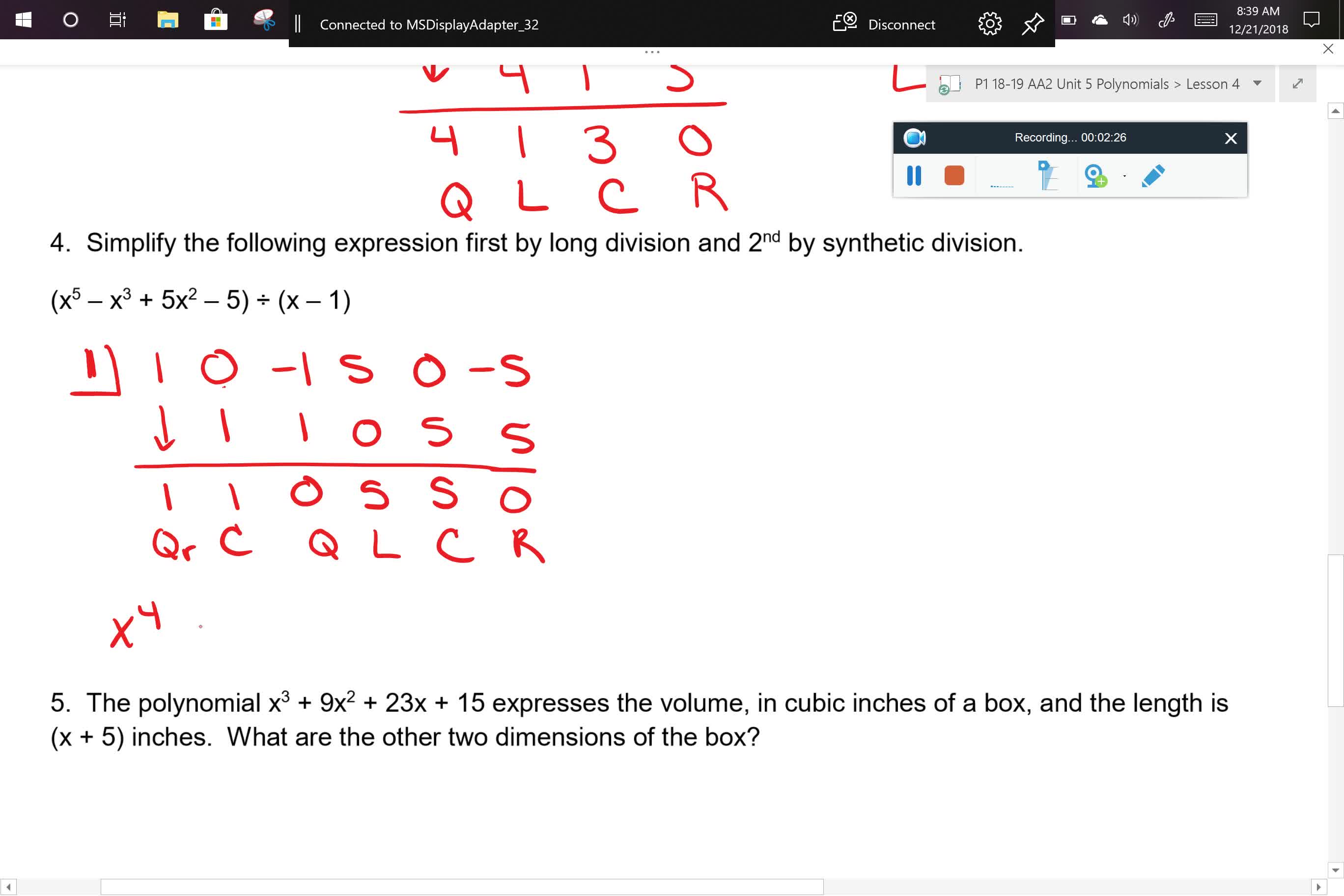 AA2 U5L4 Problem 4 Synthetic Division