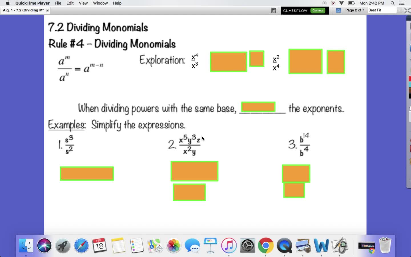 Dividing Monomials Notes 7.2 Algebra 1