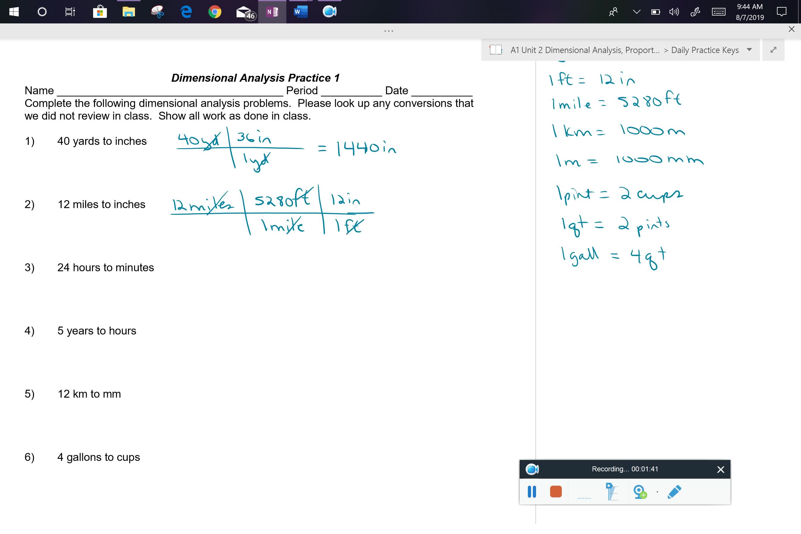 A1 U2L1 Dimensional Analysis Worksheet 1