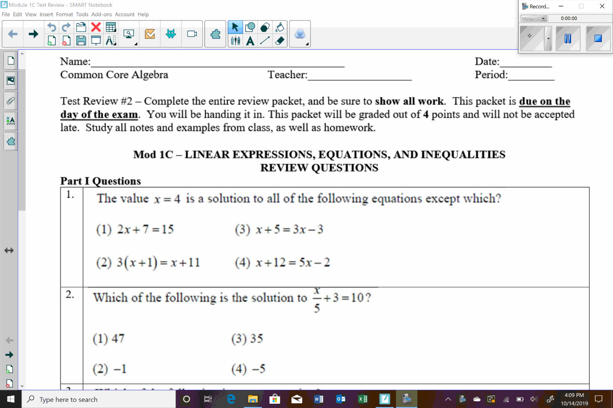 Algebra I Test #2 (Module 1C) Review