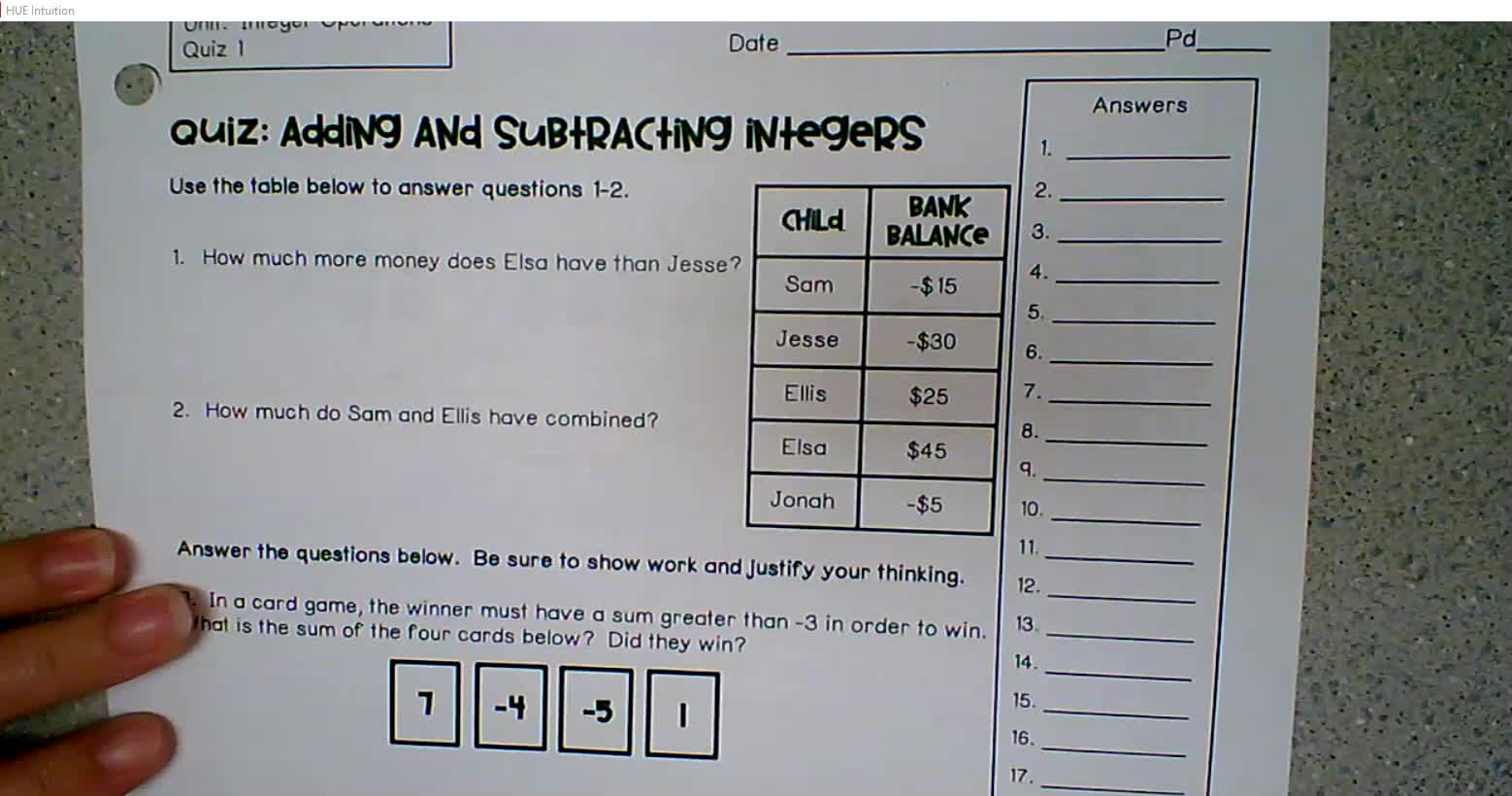 Quiz: Adding & Subtracting Integers