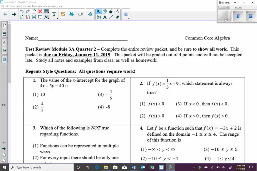 Algebra I Module 3A Exam Review