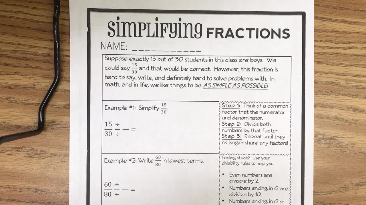 Review Unit 4, Day 4 Simplfy Fractions