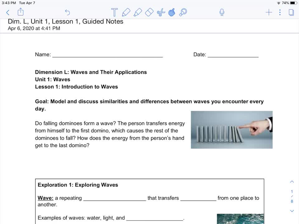 Waves: Dim. L, Unit 1, Lesson 1, Exploration 1