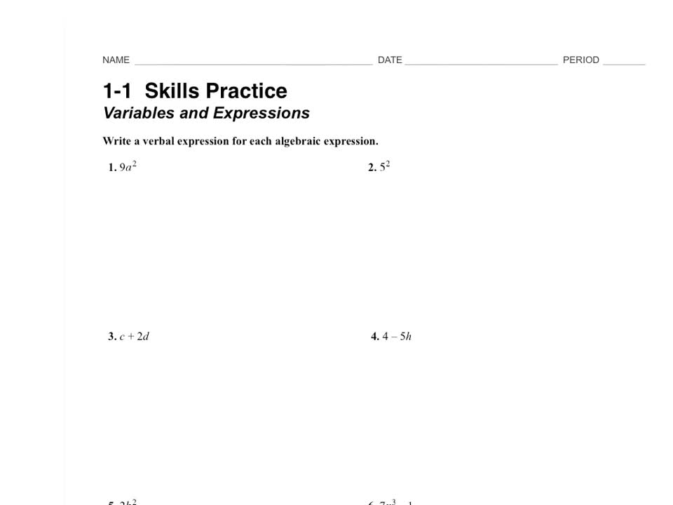 1.1 Skills Practice: Variables and Expressions